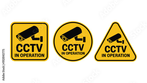 Three yellow cctv in operation security warning signs square circle triangle keywords: camera surveillance