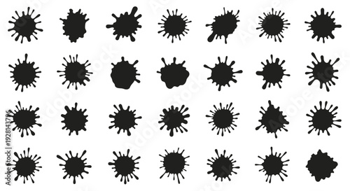 A collection of various black ink splatters and paint blots on a clean white background, showing different shapes and textures for graphic design.