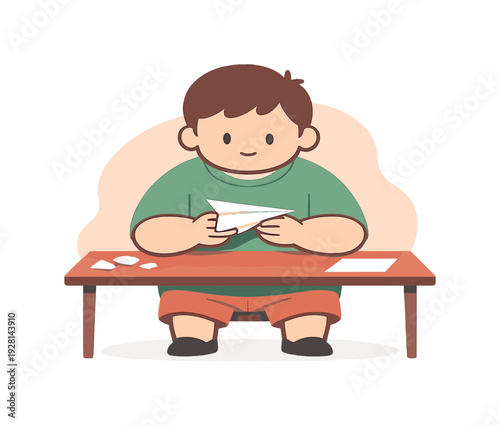 Under child folds a paper airplane at a desk, crisp creases forming, scraps aside, hands focused, ready to test flight calmly now