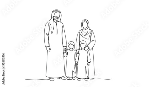 Continuous Line Art Traditional Arab Family Standing Together Minimalist Vector Illustration
