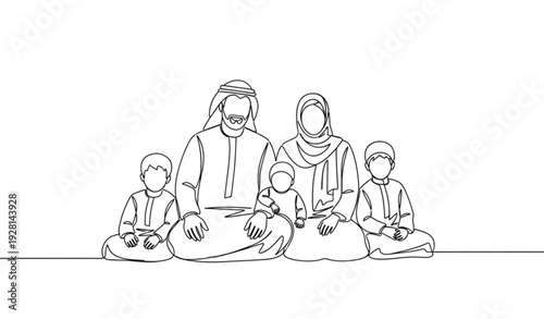 Single Line Drawing of Traditional Arab Family Sitting Together Minimal Outline Vector