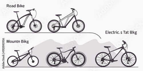 A variety of bicycles displayed in a row, showcasing different types and styles. Vector