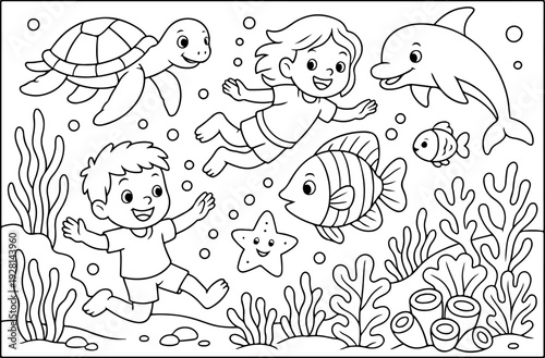 Marine life Wonderland hand drawn vector illustration doodle art line art coloring page for kids