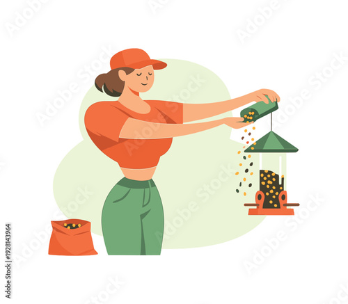 Outside person refills a bird feeder carefully, arms extended, seeds catching light as they fall. | bird feeder, refilling, flat