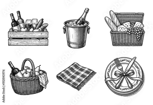 Vintage woodcut style picnic set collection featuring wicker baskets, wine bottles, champagne ice bucket, bread, cheese, and checkered blanket