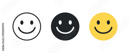 Playful joy concept shown as a round smiley face ball with simple eyes and curved grin, identical silhouette repeated three times