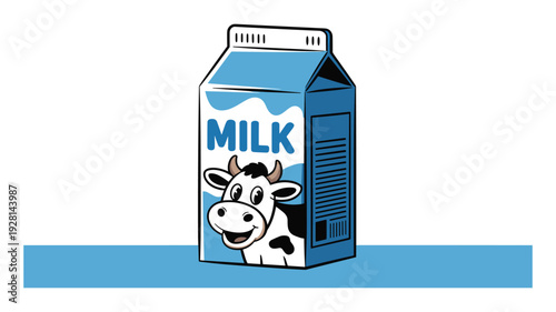 Cartoon cow peeking from a blue milk carton with wavy keywords: white lines and text