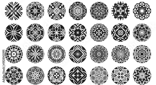 A collection of intricate black and white circular mandala patterns and decorative motifs.