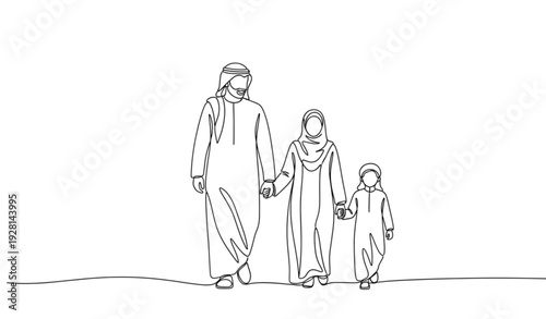 Continuous Line Art Arab Family Walking Hand in Hand Minimal Vector Illustration