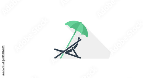 Green beach chair with umbrella.