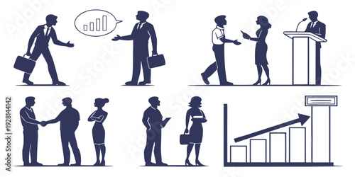 Diverse group of professionals engaged in various business activities and interactions Vector