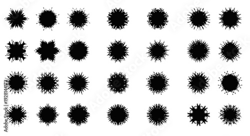 A grid of various abstract black spiky and star-like circular shapes, resembling grunge brush strokes or digital design elements on a white background.