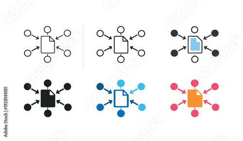 Digital file exchange symbol depicting a central file icon linked by arrows to surrounding points to convey sharing and transfer,