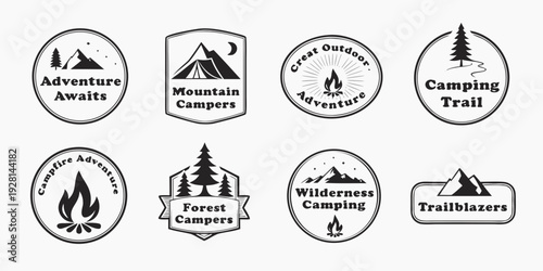 A collection of eight distinct badges featuring various outdoor and camping symbols. Vector