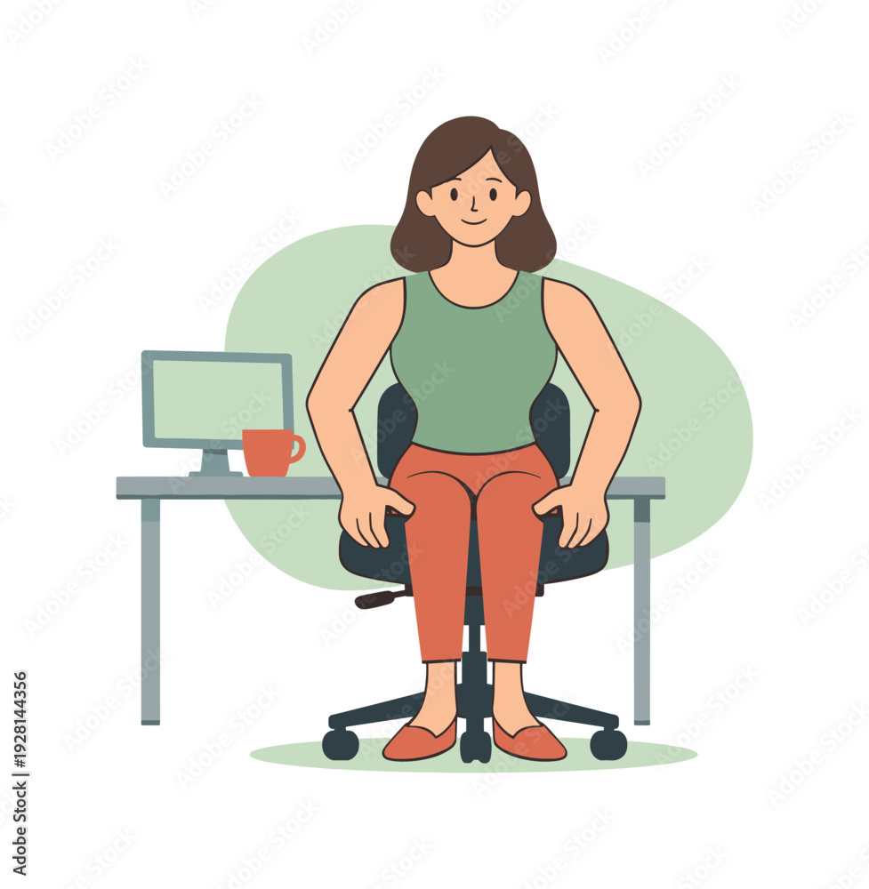 Fototapeta premium Calm person adjusts a desk chair, hands gripping sides, height set carefully, feet grounded, workspace ready. | desk chair,