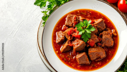  Hearty beef stew with tender chunks, rich tomato sauce, and fresh parsley garnish. Perfect for food blogs, recipe sites, and culinary content. Warm, appetizing comfort food with vibrant colors