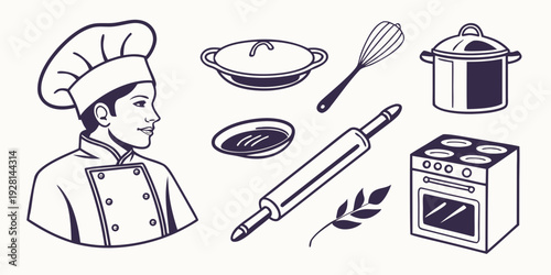 A chef and various cooking utensils and ingredients in a kitchen setting Vector