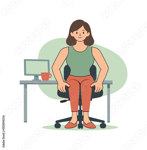 Calm person adjusts a desk chair, hands gripping sides, height set carefully, feet grounded, workspace ready. | desk chair,