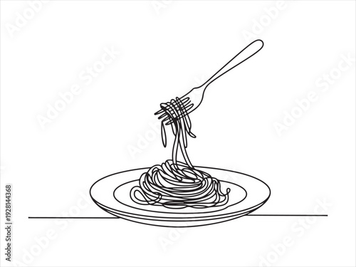 Continuous line art depicting spaghetti on a plate with a fork. Italian Food Vector Illustration
