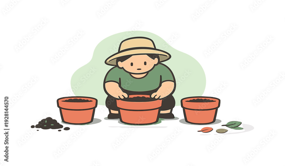 Obraz premium Small person arranges garden pots on the patio, spacing planters evenly while soil smudges and leaves sit nearby todaynow. |