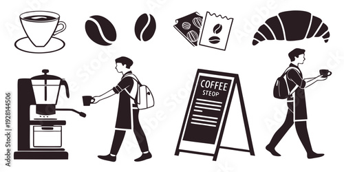 A busy barista preparing coffee and pastries in a bustling cafe setting. Vector