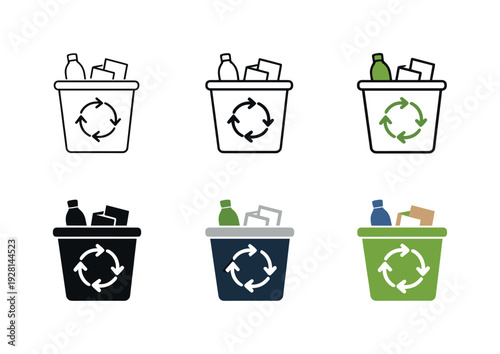 Recycling workflow icon depicting a bin with circular arrows and waste items like bottles and paper, representing waste recycling