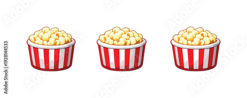 Shared excitement metaphor symbolized by a striped popcorn tub filled to the rim forming a cohesive emblem, smooth rounded