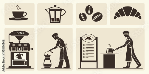 A person is seen working in a cafe, with coffee cups, a coffee machine, and a trash can. Vector