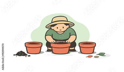 Small person arranges garden pots on the patio, spacing planters evenly while soil smudges and leaves sit nearby todaynow. |