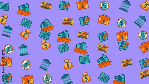 Repeated cartoon icons of money banks and financial concepts. Suitable for presentations, articles, websites, and educational materials related to finance.