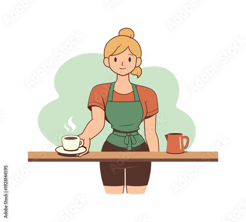 Surreal Coffee Moment. Light barista serves coffee in a small cup at a counter, hand extended while steam rises and the cup waits