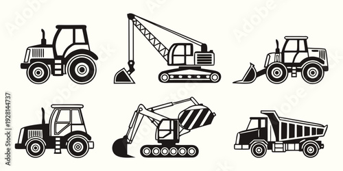 A variety of construction vehicles and equipment in black and white Vector