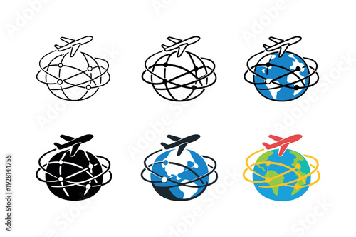 International air route concept presenting a jet airplane above a simplified planet with multiple curved lines indicating global
