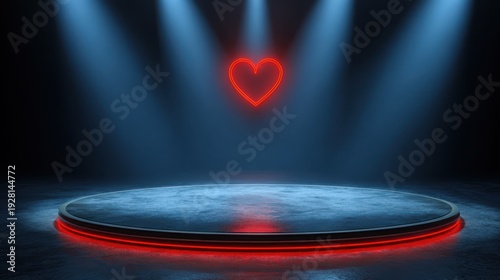 A neon red heart suspended above a circular stage illuminated by spotlights against a dark blue backdrop