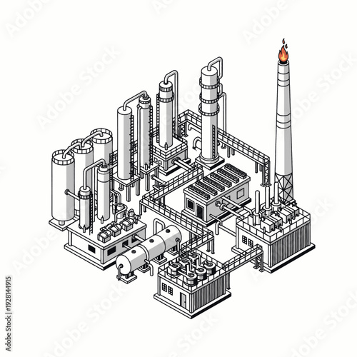 Industrial Facility with Towers and Chimney.