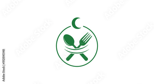 Green Logo with Utensils and Crescent.