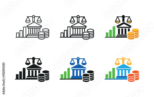 Public finance management icon depicting coins, charts, and a governmental balance motif arranged as one clear symbol, displayed