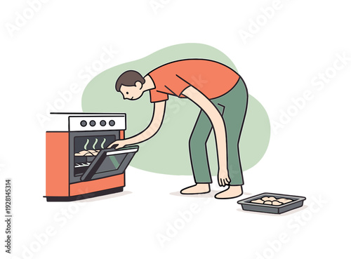 Gentle person bends to check an oven, opening the door slightly as warm air escapes and a tray waits inside on the floor nearby.