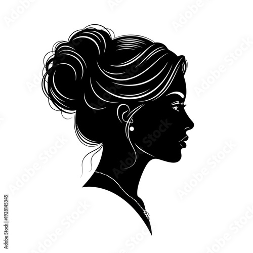 Elegant silhouette of a woman with a stylish updo hairstyle and jewelry.