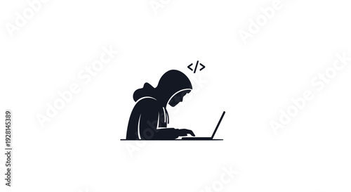 Hacker in hoodie using laptop computer.
