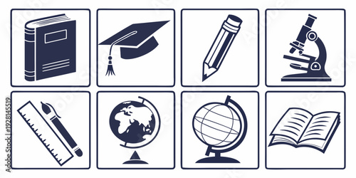 Assorted educational icons representing various learning tools and subjects Vector