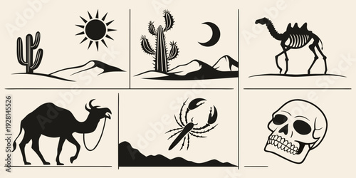 Diverse illustrations depicting various animals and symbols in a desert landscape Vector