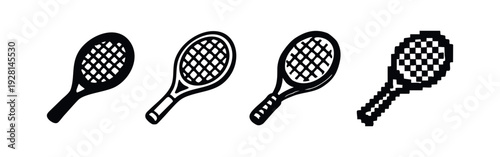 Tennis Racket Icon Set in Silhouette, Outline, Textured, and Pixel Art Styles