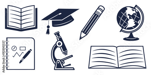 Illustration of educational icons including a graduation cap, pencil, and globe. Vector