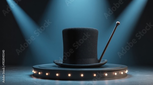 A classic black hat and cane on a stage, lit with spotlights, awaiting a magic trick
