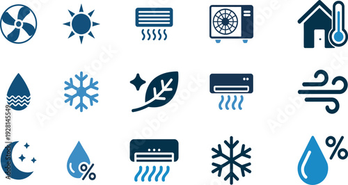Collection of various blue icons related to weather and climate control systems