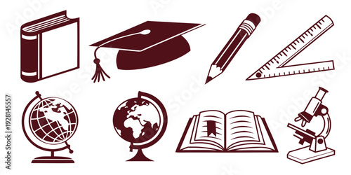 A variety of educational icons representing different aspects of learning and study. Vector