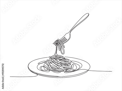 Continuous line art depicting spaghetti on a plate with a fork. Italian Food Vector Illustration