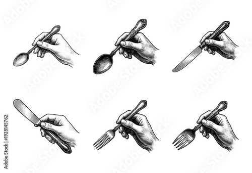 Vintage engraving of human hands holding various cutlery items including spoons, forks, and knives in a detailed woodcut etching style collection.