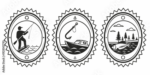 Three circular emblems featuring a fish, a bird, and a ship Vector